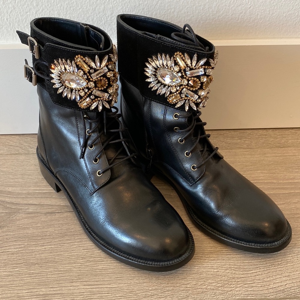 Renee Caovilla Black Combat Boots with crystals Sz 39.5